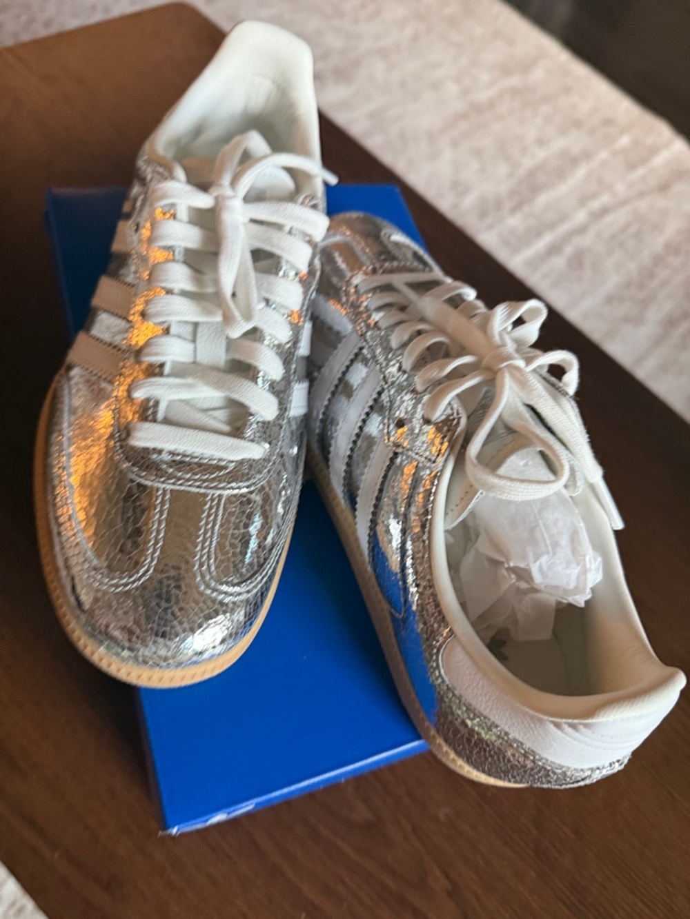 NWT Adidas Metallic Silver Samba with White Stripes and Gum Sole
